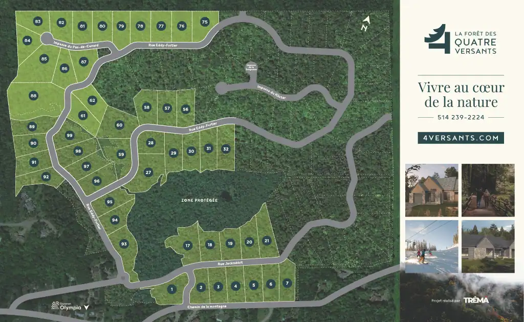 Plan du site de La Forêt des Quatre Versants avec emplacements et sentiers.